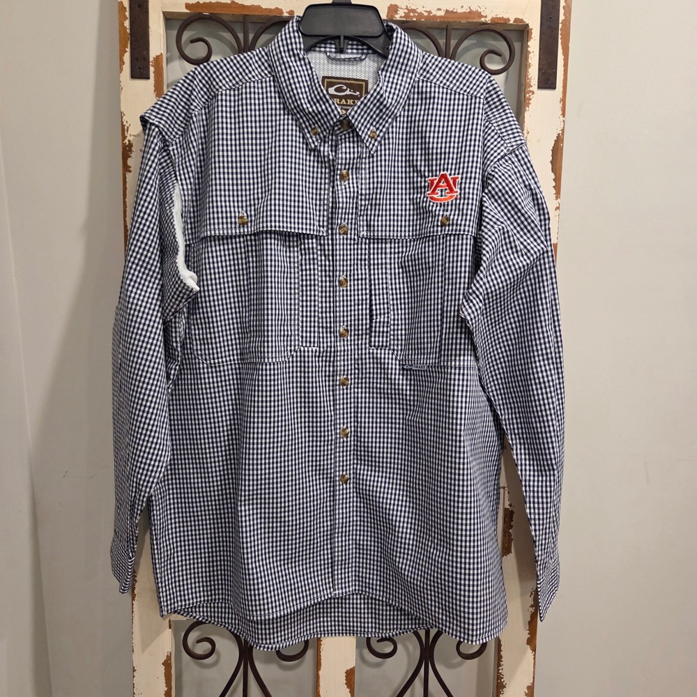 Drake Waterfowl Auburn Tigers Fishing Shirt Mens Large Gingham Magnattach Navy